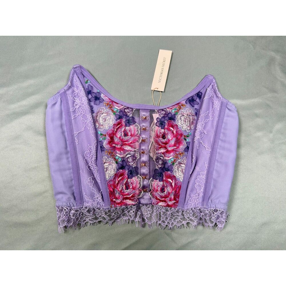 NWT Victoria's Secret Dream Angels Purple Floral Lace Corset Bustier Top Small